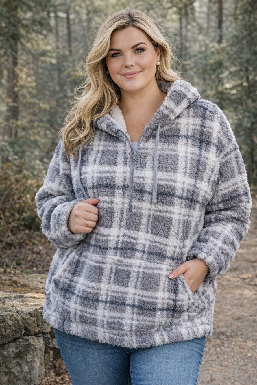 Koolaburra by UGG Women’s 1X Gray Plaid Sherpa Hoodie Pullover Cozy Fleece